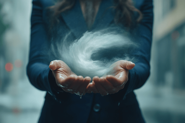 Businesswoman in a dark blue suit holding a storm in her cupped hands