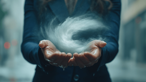 Businesswoman in a dark blue suit holding a storm in her cupped hands