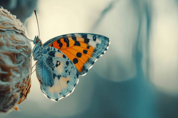 A butterfly emerging from a cocoon