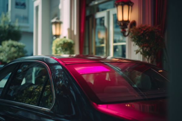 car with a hot pink decal on the back window parked in front of an upscale hotel