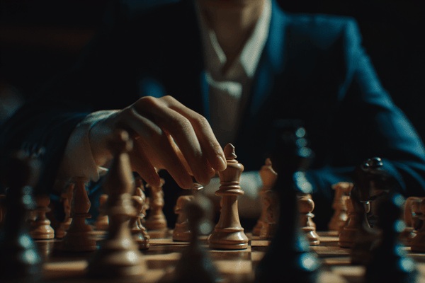 A businesswoman wearing a dark-blue suit playing chess