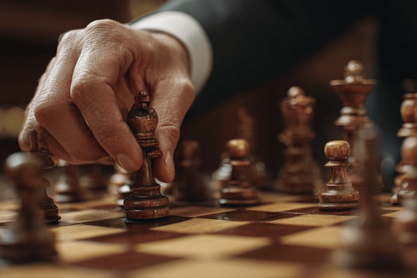 A businessman moving the queen on a chessboard