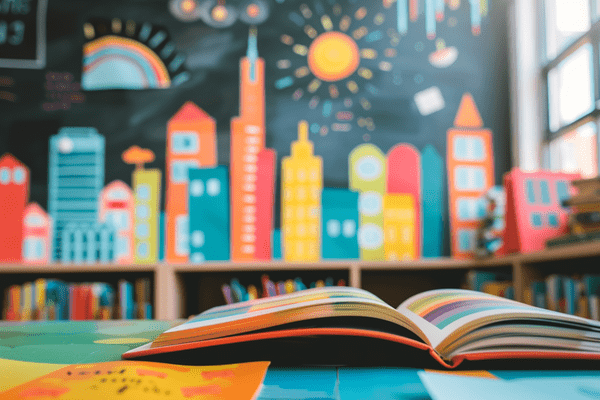 A children's book open on a desk in a classroom with an illustration of a city skyline on the wall