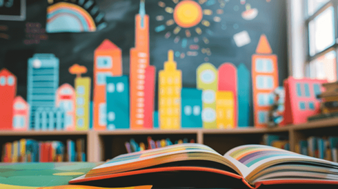 A children's book open on a desk in a classroom with an illustration of a city skyline on the wall