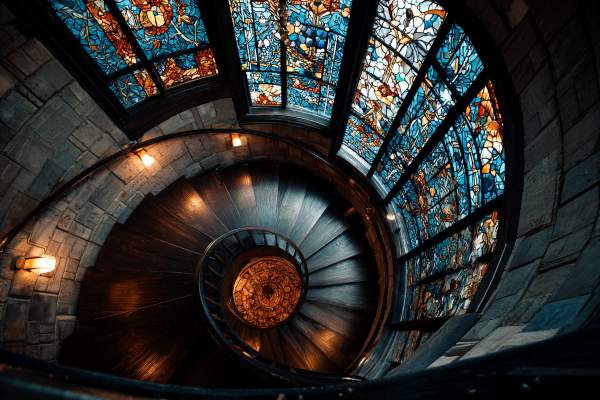 looking down a circular staircase with blue and orange stained glass windows