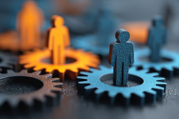 2D person icons standing on orange, blue, and black metal cogs