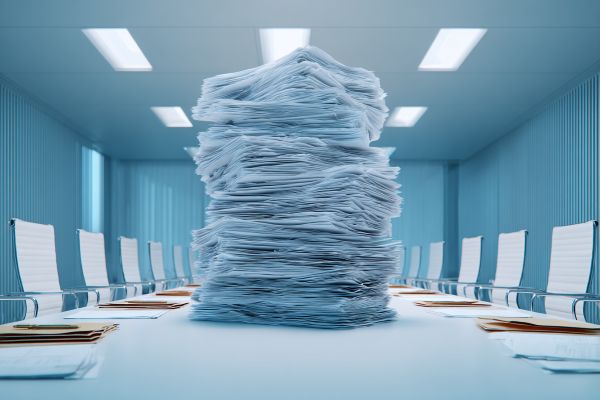 comically large stack of white papers surrounded by smaller stacks of papers in a conference room