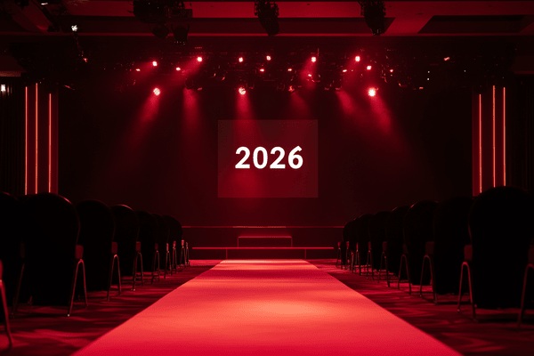 The number 2026 on the screen of a conference room's main stage