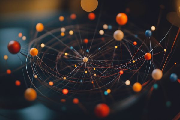 multi-colored spheres connected by thin strings