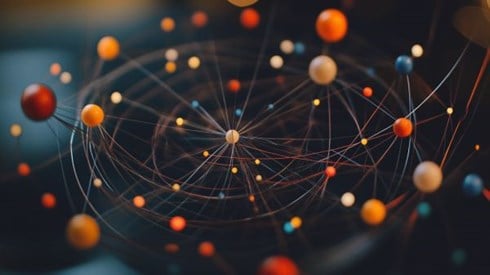 multi-colored spheres connected by thin strings