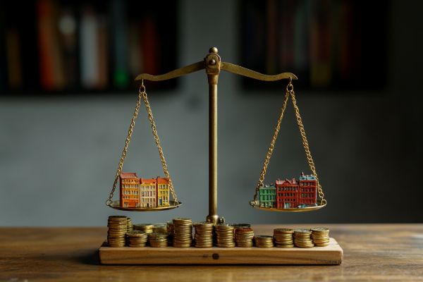 counter weight scale balanced with toy buildings on scales and gold coins underneath