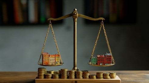 counter weight scale balanced with toy buildings on scales and gold coins underneath