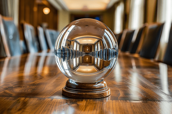 A crystal ball sitting on top of a wooden conference table
