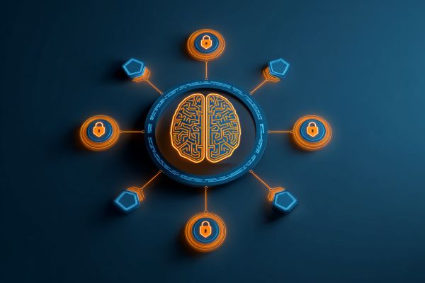 orange digital brain on a blue disc surrounded by and connected to smaller lock shield icons on a blue background