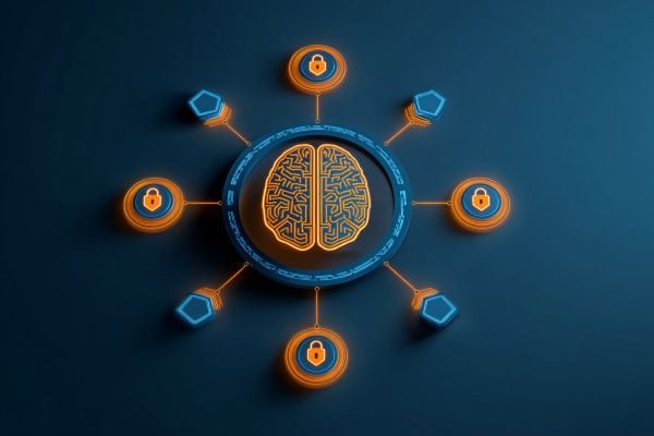 orange digital brain on a blue disc surrounded by and connected to smaller lock shield icons on a blue background