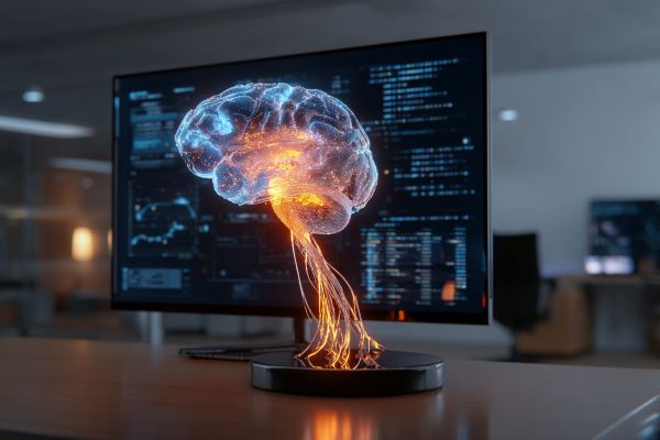 digital brain with blue and orange lights and cables coming out of a black disc on a desk in an office in front of a computer monitor showing data