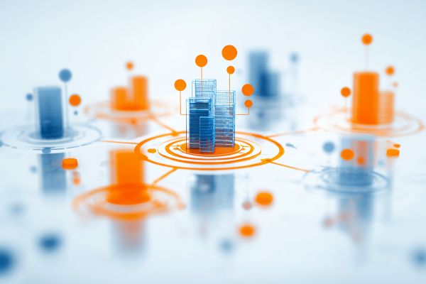 digital blue commercial building icons on orange circles connected by lines and dots