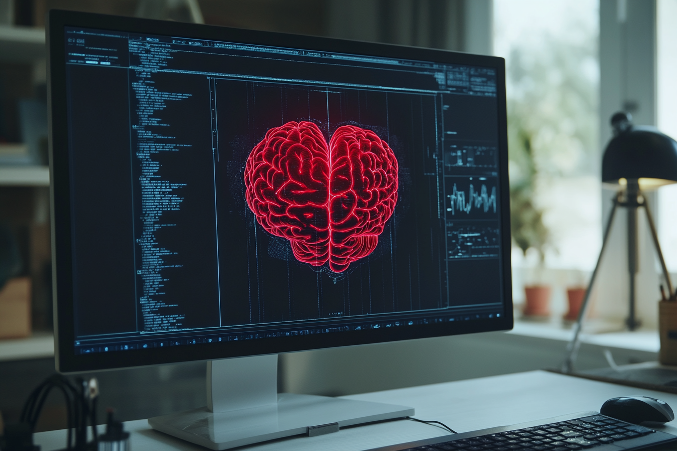 computer monitor with a digital image of a heart-shaped red human brain