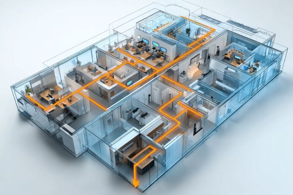 digital rendering overhead cross-section of an office with an orange line running through each room