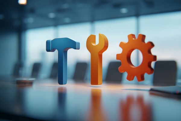 digital hammer, wrench, and gear icons floating over a conference table