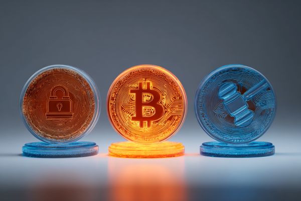 three standing discs with a lock icon, a bitcoin icon, and a gavel icon