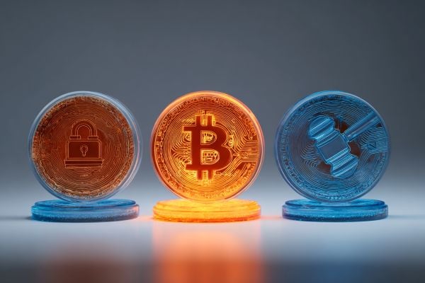 three standing discs with a lock icon, a bitcoin icon, and a gavel icon