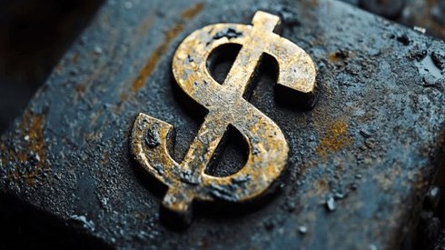A raised dollar sign on top of a block of metal