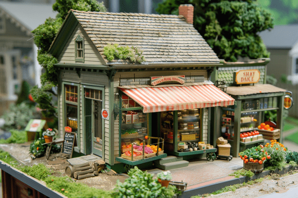 A dollhouse grocery storefront