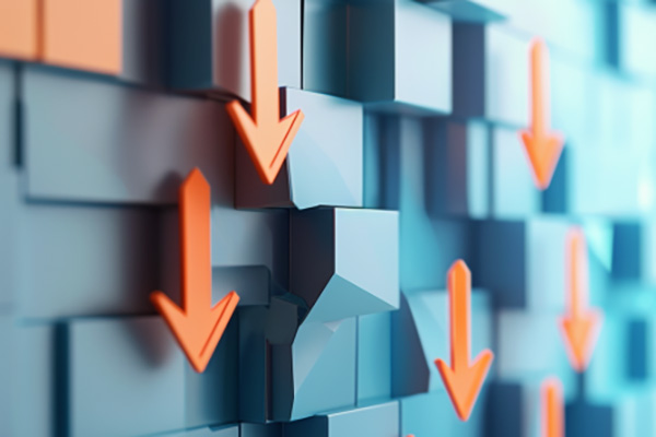 Orange arrows pointing downward with blue block background.