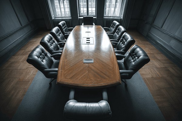 A boardroom with a wooden table surrounded by black leather chairs