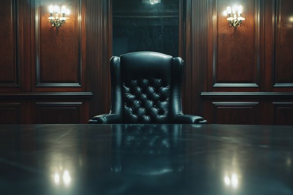 empty executive chair behind a conference table