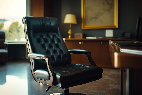 vacant leather office chair behind an executive desk