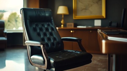 vacant leather office chair behind an executive desk