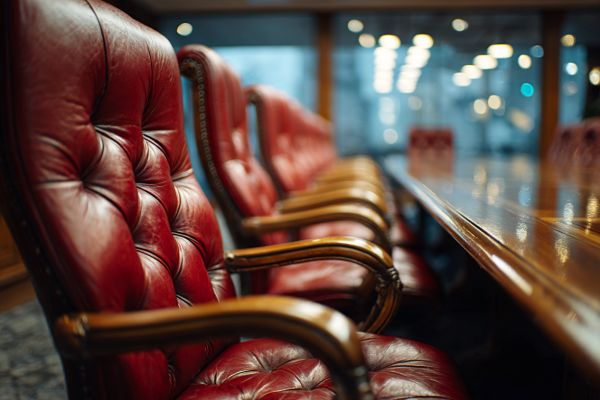 red leather executive chairs at a wooden conference table