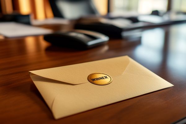manila envelope with gold "winner" sticker on a desk