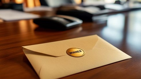 manila envelope with gold "winner" sticker on a desk