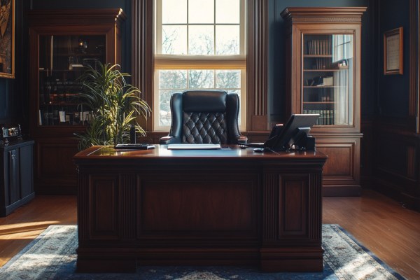 A leather chair behind a large wooden desk in an executive's office