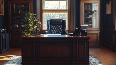 A leather chair behind a large wooden desk in an executive's office