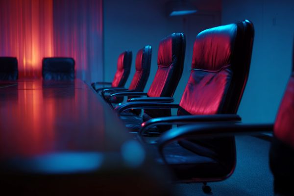 empty leather executive chairs at a conference table with red overtones