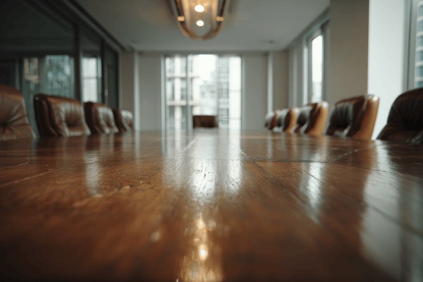A close-in shot of the top of a long wooden conference table spreading toward the end chair
