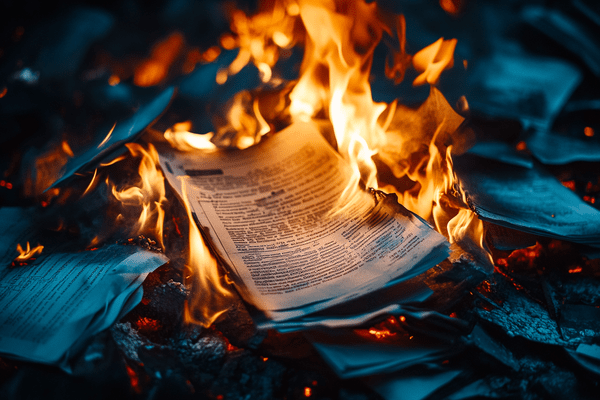 A pile of documents on fire