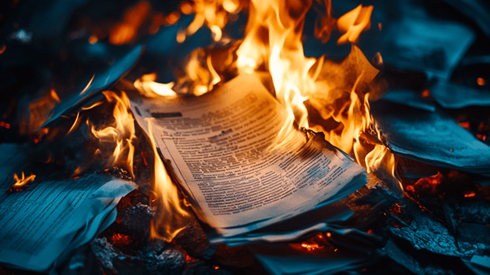 A pile of documents on fire