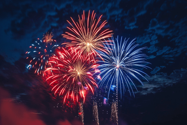 Red, white, and blue fireworks bursting in the night sky