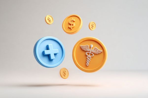 floating disc icons with a plus sign, a medical caduceus, and dollar signs