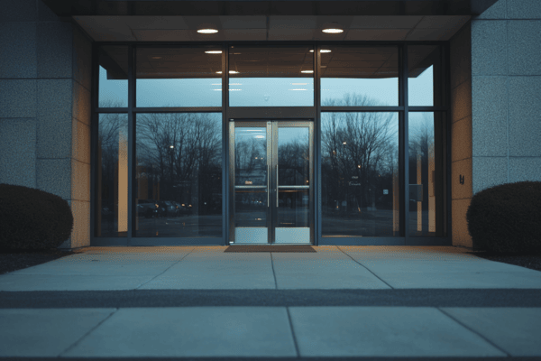 Front glass doors of an office building