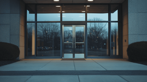 Front glass doors of an office building
