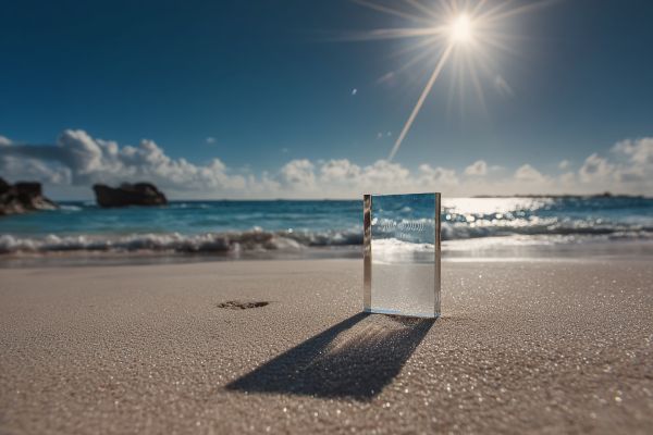 rectangular glass award in the sand on a beach on a sunny day