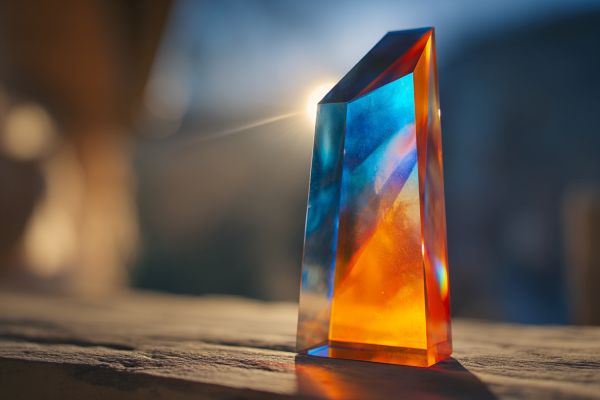 blue and orange glass award sitting on a wooden table in front of the sun