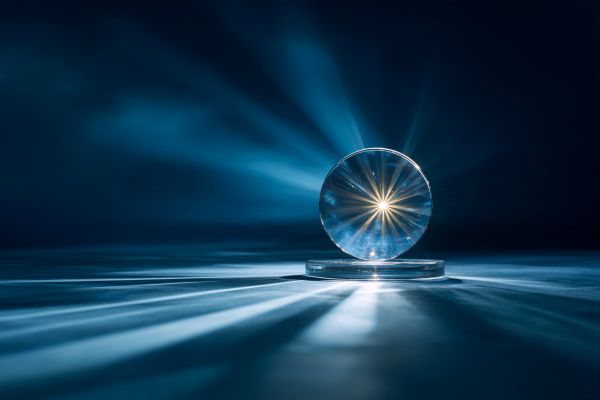 standing glass disc award with a gold starburst of light showing through it on a blue background