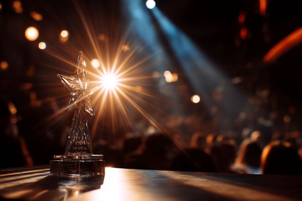 glass award with a starburst of light reflecting off it in front of a crowded auditorium